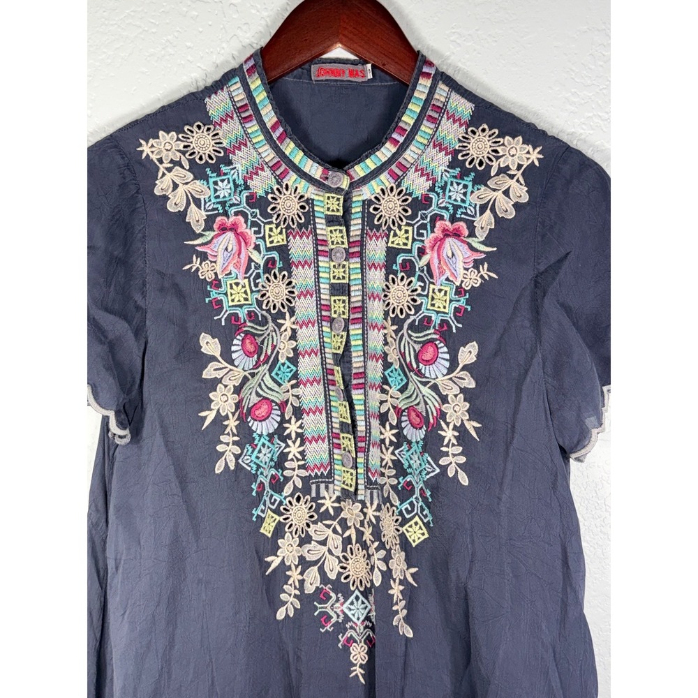 Johnny Was Navy Blue Embroidered Cupra Rayon Scalloped Tunic Top C91704-3 Small